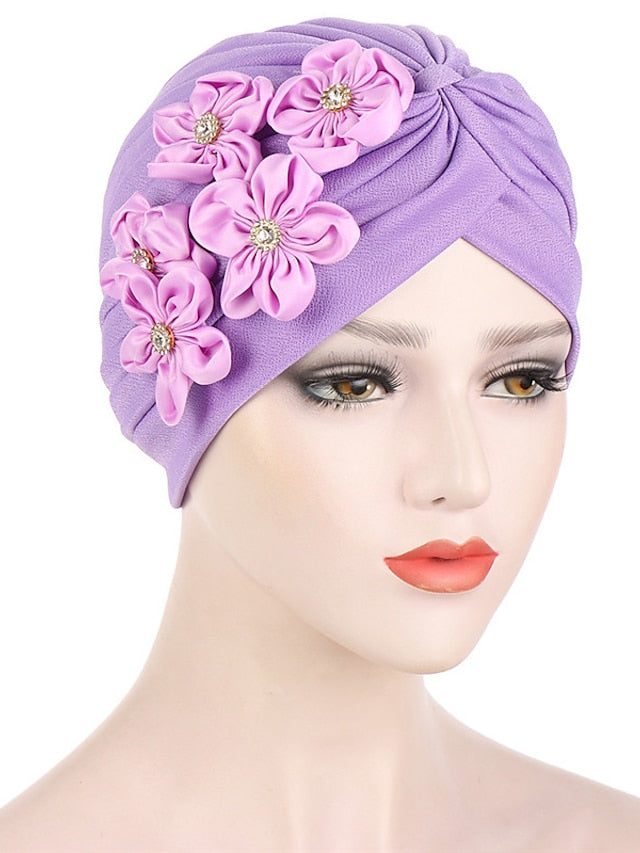 Elegant Women Five Flowers Turban Caps Muslim Elastic Crystal Party Headscarf Bonnet Ladies Hair Accessories Indian Cap for Women