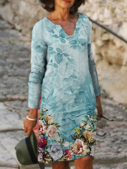 A Line Dress Knee Length Dress White Yellow Pink Long Sleeve Floral Print Winter Fall Autumn V Neck Casual Winter Dress Fall Dress  S M L XL XXL 3XL for Women