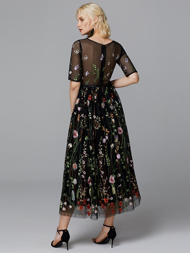A-Line Floral Dress Holiday Tea Length Half Sleeve Illusion Neck Lace with Embroidery Appliques 2023
