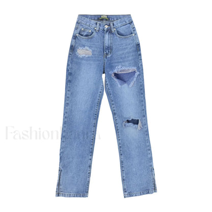 Trendy Cut Out High Waist Side Slit Wide Leg Jeans - Blue