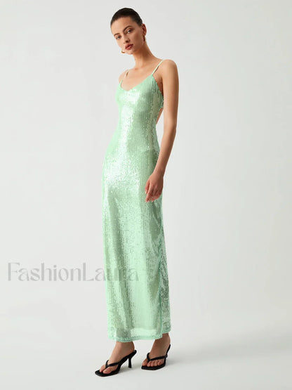 Triggered Sequin Open Trendy Back Long Dress