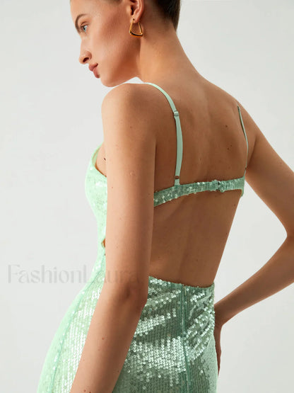 Triggered Sequin Open Trendy Back Long Dress