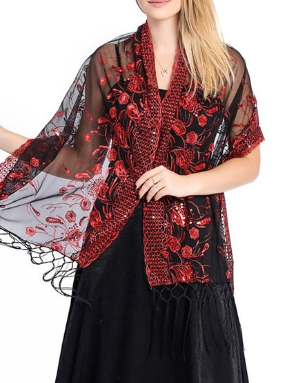 Shawls & Wraps Party Wedding Indoor Light Blue Black White Scarf Embroidered Flower for Women