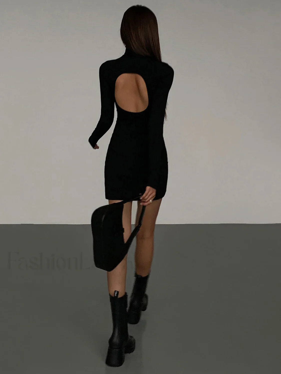 Turtleneck Open Back Trendy Long Sleeve Short Dress