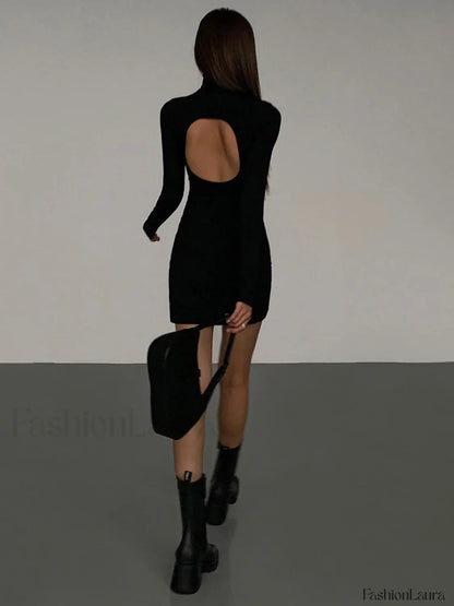 Turtleneck Open Back Trendy Long Sleeve Short Dress