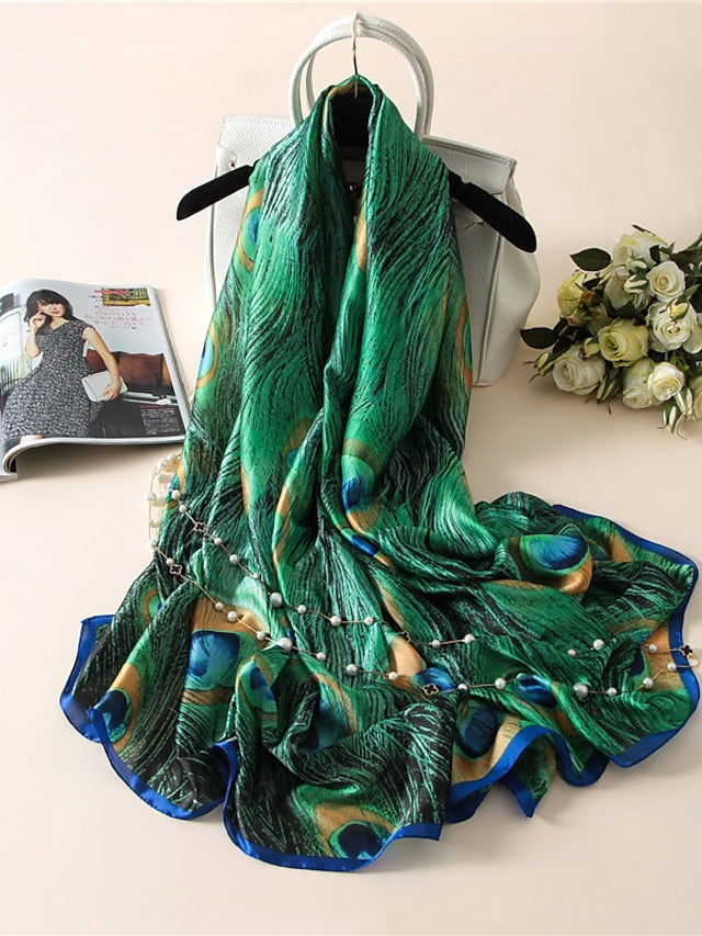 1pcs New Soft Peacock Feather Printed Silk Shawls Women Foulard Fashion Sunscreen Female Scarf Stoles Hijab Headscarf Bag Scarves for Women