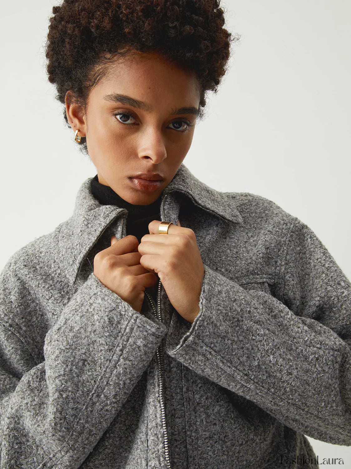 Tweed Open Collar Trendy Zip Up Crop Jacket