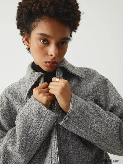 Tweed Open Collar Trendy Zip Up Crop Jacket