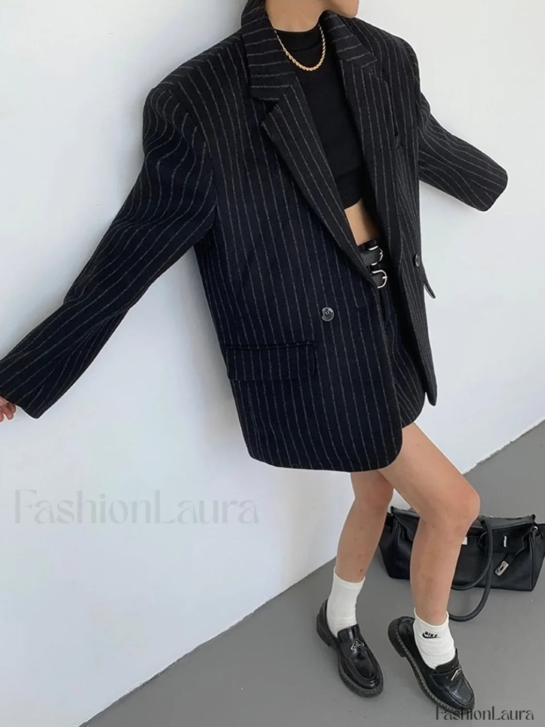 Tweed Pinstripe Graceful Oversized Blazer