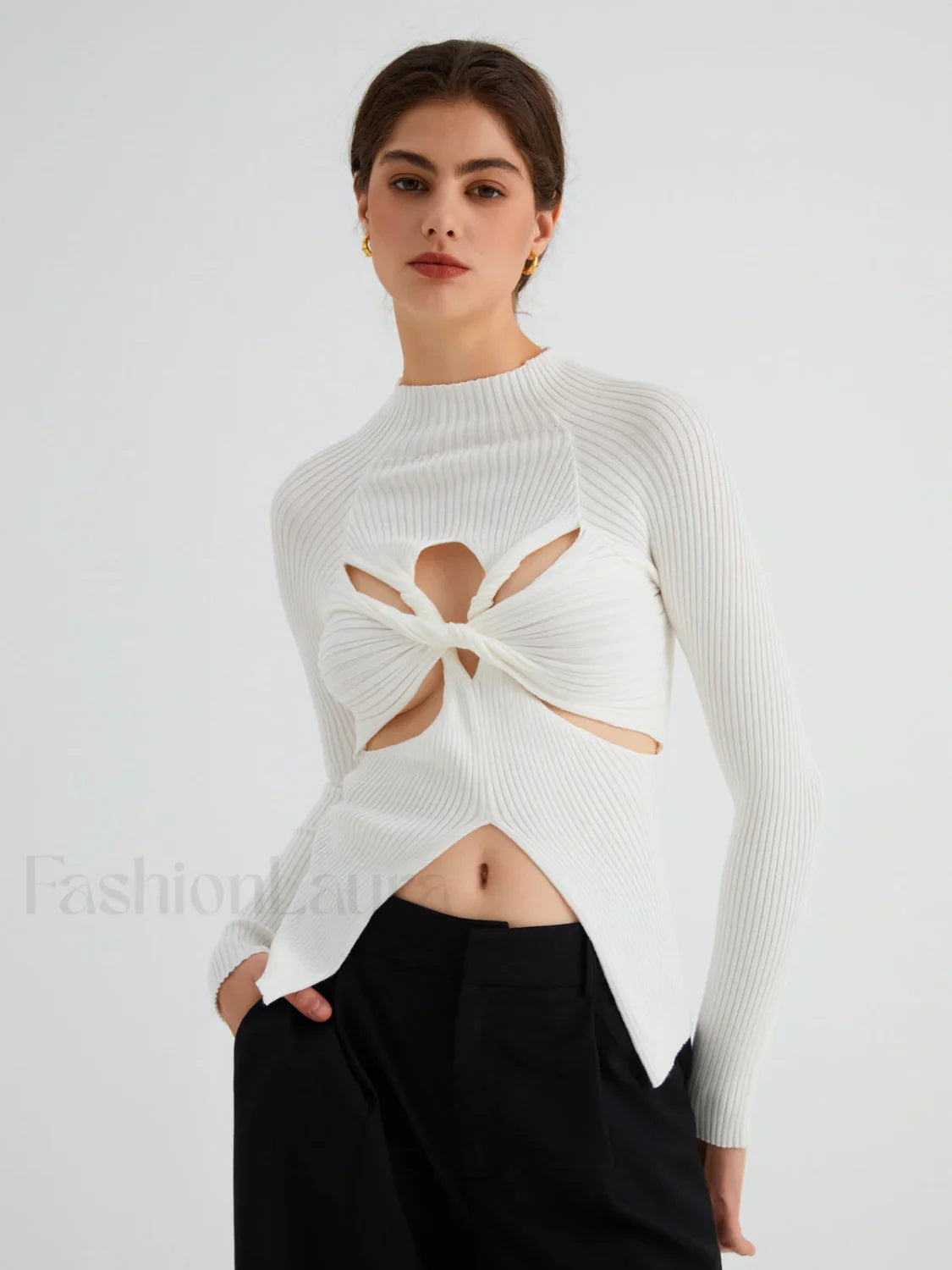 Twist Cutout Rib Trendy Long Sleeve Top