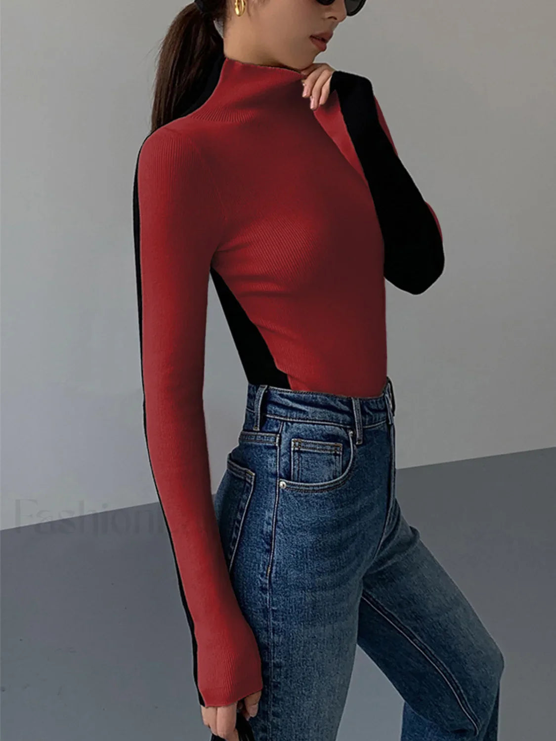 Two Tone Double Sided Modern Long Sleeve Knit Top