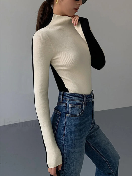 Two Tone Double Sided Modern Long Sleeve Knit Top