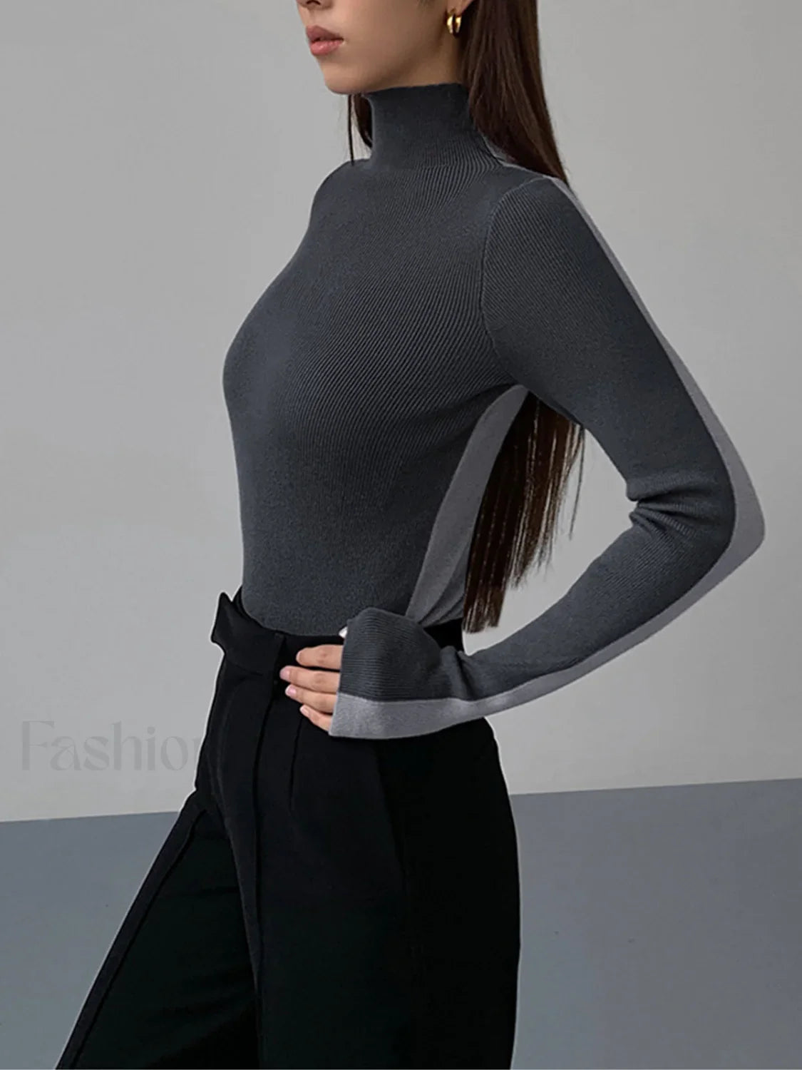 Two Tone Double Sided Modern Long Sleeve Knit Top