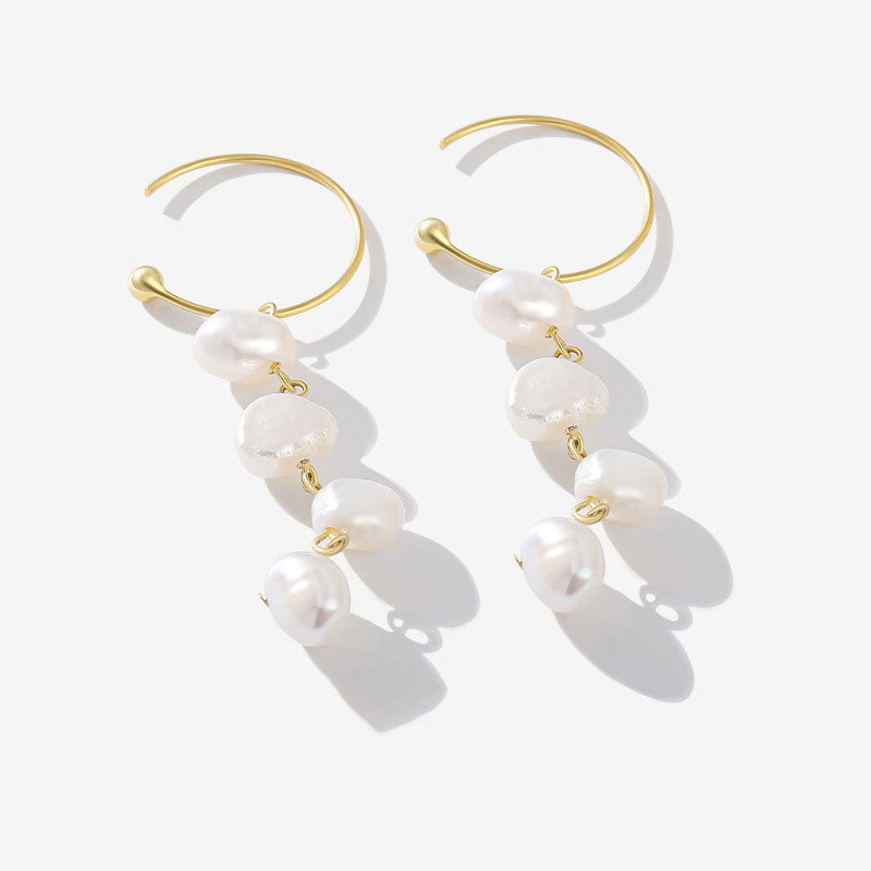 Sterling Silver Plated Two Tone Baroque Pearl C Hoop Drop Earrings