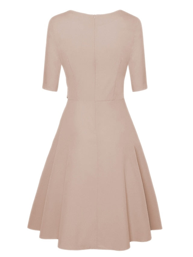 A Line Dress Knee Length Dress Dark Green Navy Blue Beige 3/4 Length Sleeve Pure Color Lace up Fall Spring Round Neck Stylish Elegant Casual Party Slim  S M L XL XXL for Women