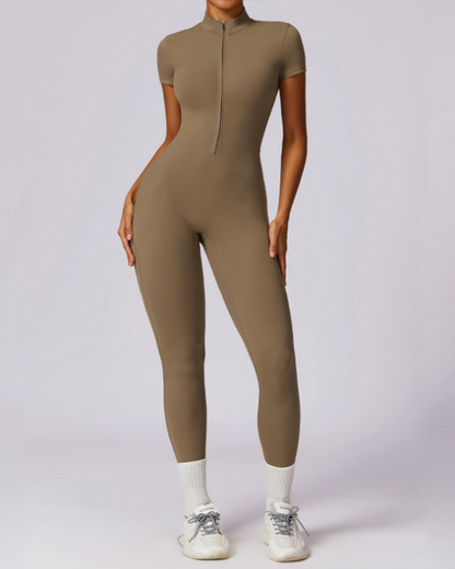 Zippered Short-Sleeved Slim-Fit Jumpsuit