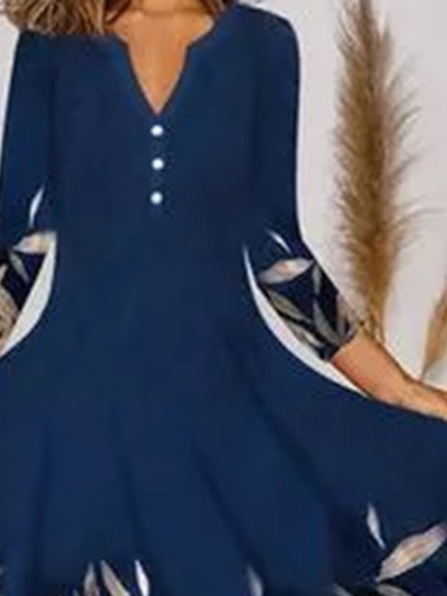 A Line Dress Midi Dress Dark Blue Long Sleeve Floral Print Summer Spring V Neck Casual Winter Dress Fall Dress  S M L XL XXL 3XL for Women