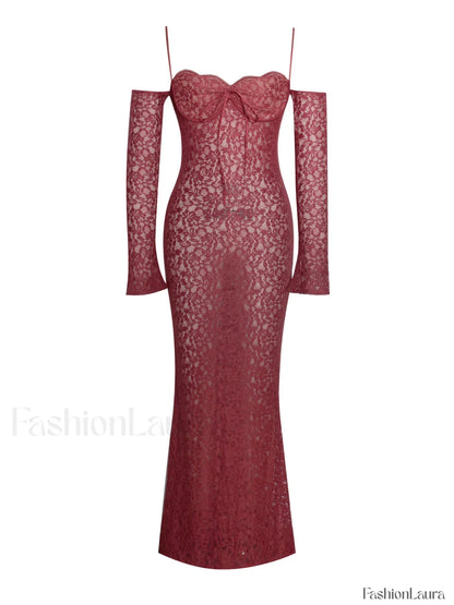 Udaya Burgundy Lace Charming Long Sleeve Maxi Dress