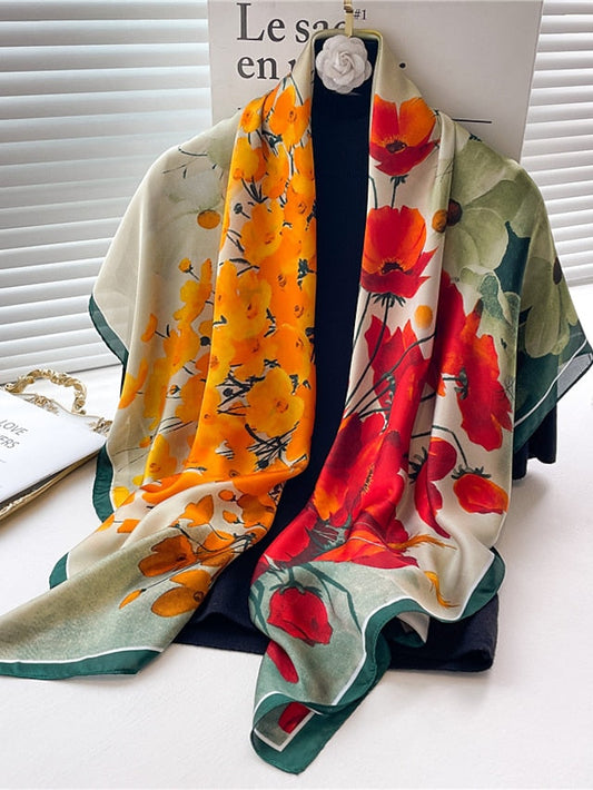 110*110cm Silk Feeling Big Square Scarf Women Neckerchief Female Headkerchief Print Shawl Wraps Hijab Beach Stoles Bandana for Women
