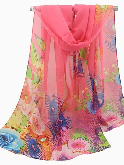 Ladies Peacock Feather Print Chiffon Silk Scarf Sun Protection Beach Towel Shawl for Women