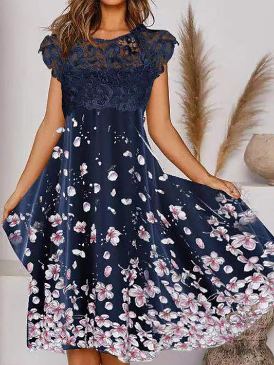 A Line Dress Midi Dress Navy Blue Short Sleeve Floral Print Spring Summer Crew Neck Elegant Modern  3XL for Women