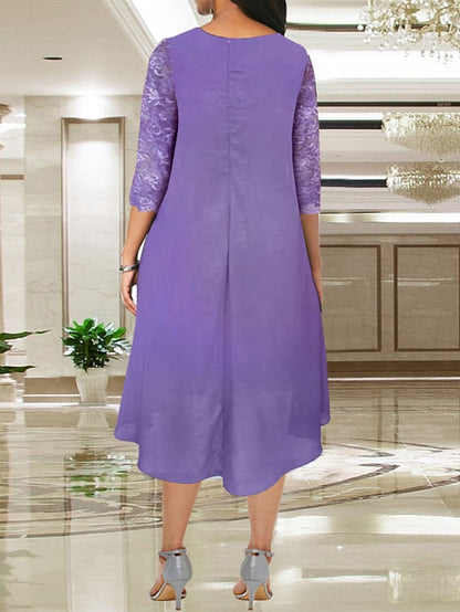 A-Line Mother of the Bride Dress Plus Size Elegant Jewel Neck Knee Length Chiffon Lace Long Sleeve with Lace 2023