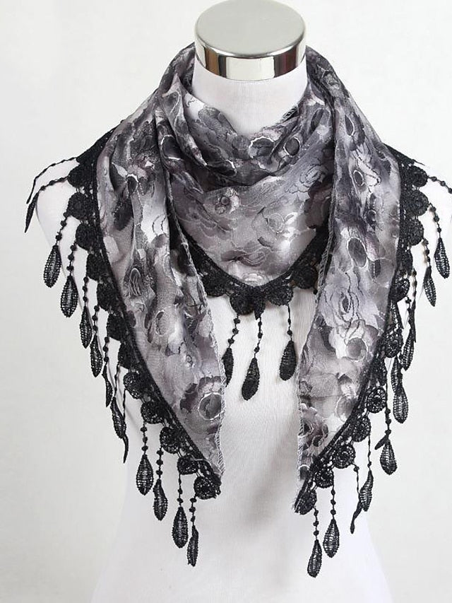 Shawls & Wraps Party Blue Scarf Floral &  Long Triangle Tassel Scarf / Basic / Fall / Winter / Spring for Women