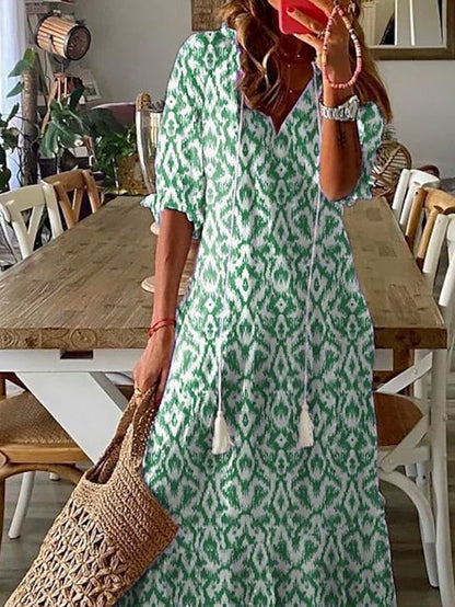 A Line Dress Maxi long Dress Purple Half Sleeve Print Ruched Print Spring Summer V Neck Casual Vacation  3XL for Women