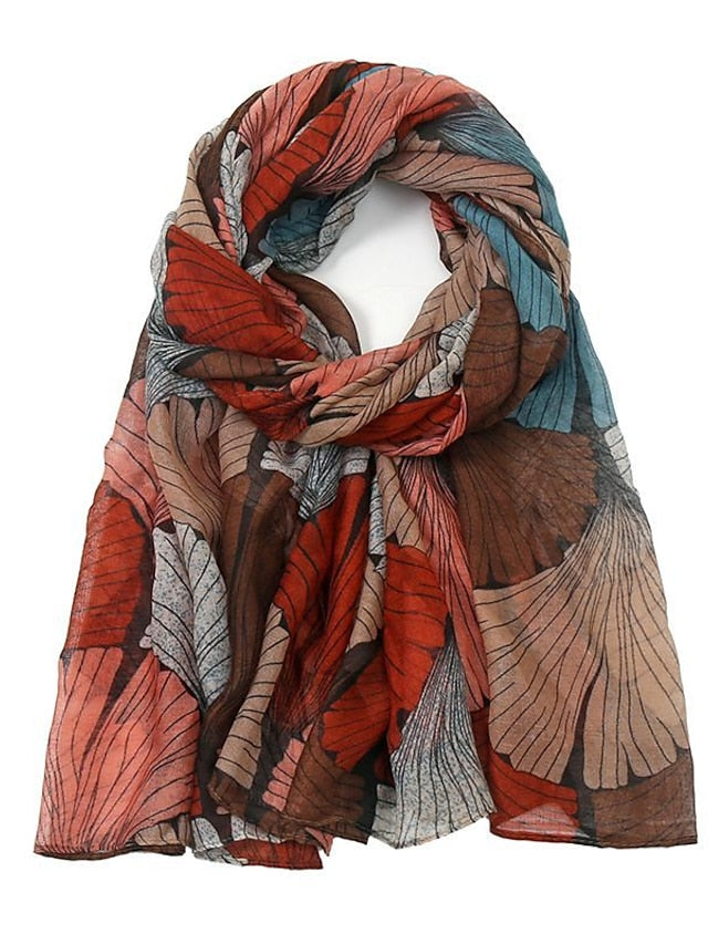 Retro Plant Print Scarves Women Ginkgo Leaf Printing Shawl And Wraps Laday Foulard Flower Hijab Long Style Scarf for Women