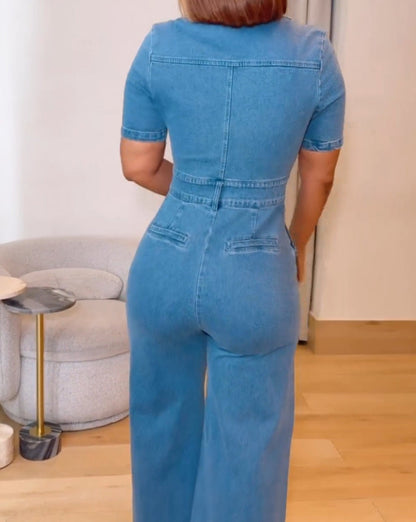 Casual Loose Straight Leg Demin Jumpsuits with Pockets