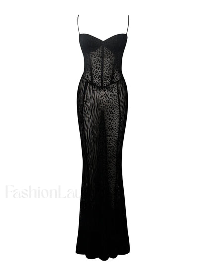 Ulani Black Burnout Velvet Graceful Detail Mesh Maxi Dress