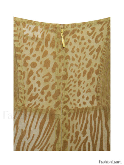 Ulani Gold Burnout Velvet Graceful Detail Mesh Maxi Dress