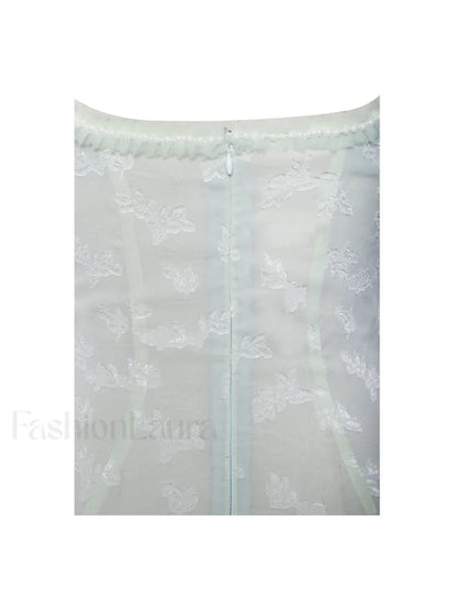 Ulissa Light Green Square Neck Trendy Jacquard Textured High Slit Maxi Dress