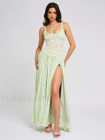 Ulissa Light Green Square Neck Trendy Jacquard Textured High Slit Maxi Dress