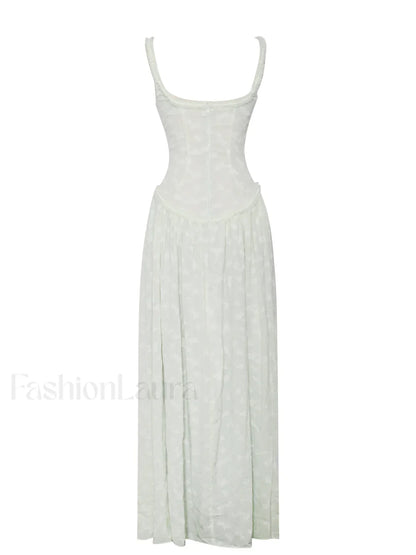 Ulissa Light Green Square Neck Trendy Jacquard Textured High Slit Maxi Dress