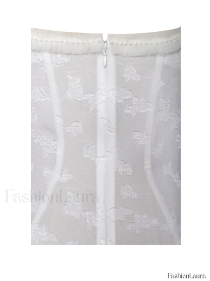Ulissa White Square Neck Jacquard Trendy Textured High Slit Maxi Dress
