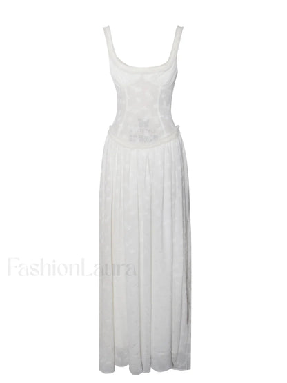Ulissa White Square Neck Jacquard Trendy Textured High Slit Maxi Dress