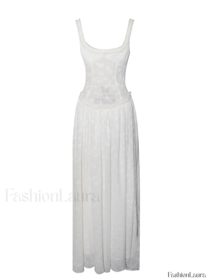 Ulissa White Square Neck Jacquard Trendy Textured High Slit Maxi Dress