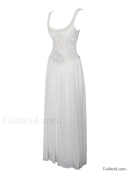 Ulissa White Square Neck Jacquard Trendy Textured High Slit Maxi Dress