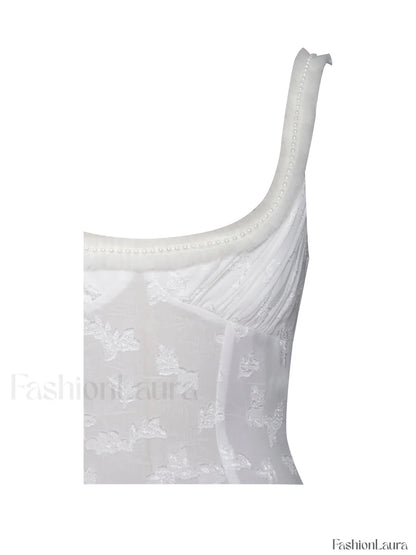 Ulissa White Square Neck Jacquard Trendy Textured High Slit Maxi Dress