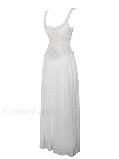 Ulissa White Square Neck Jacquard Trendy Textured High Slit Maxi Dress