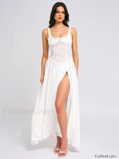 Ulissa White Square Neck Jacquard Trendy Textured High Slit Maxi Dress