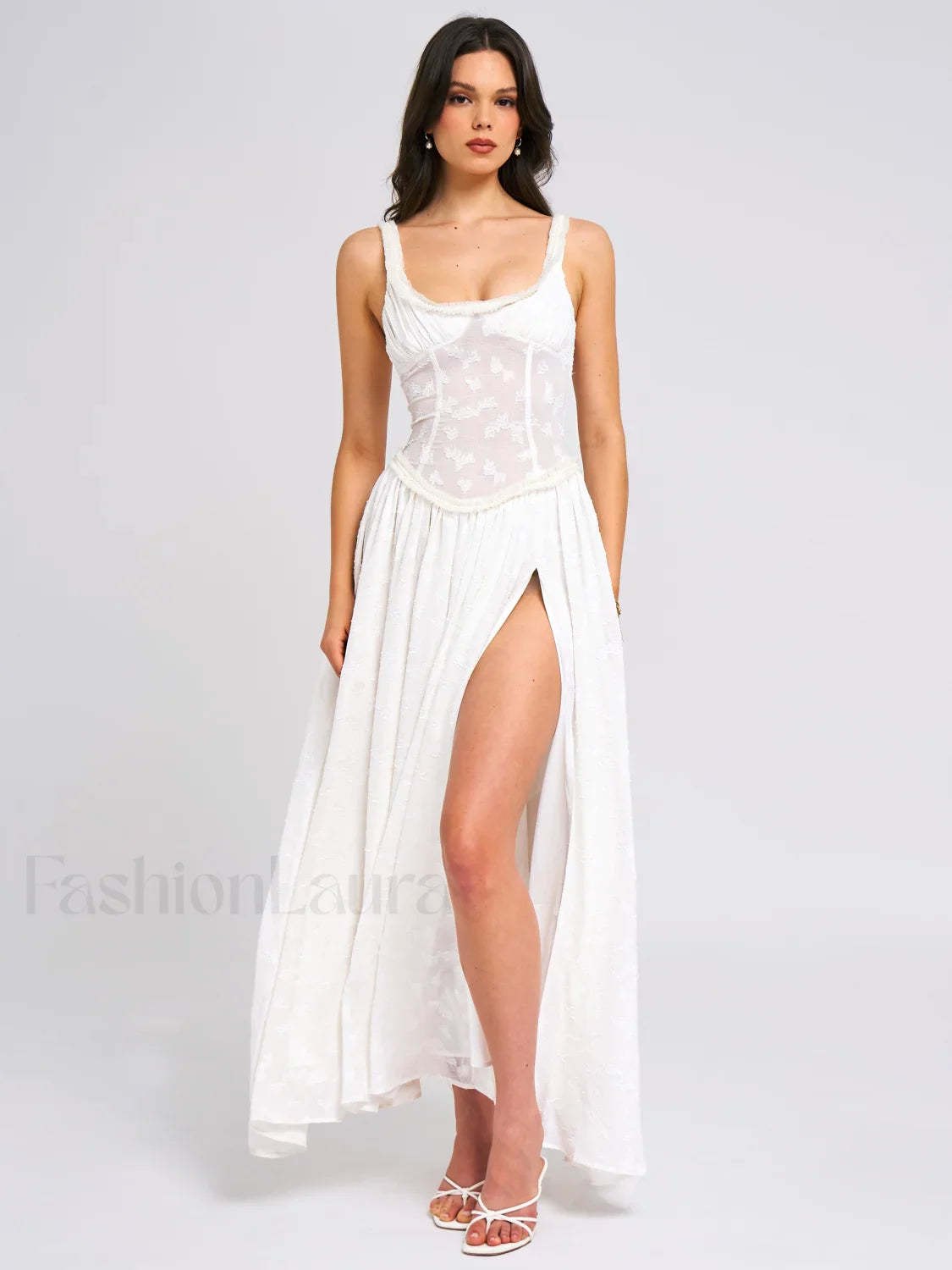 Ulissa White Square Neck Jacquard Trendy Textured High Slit Maxi Dress