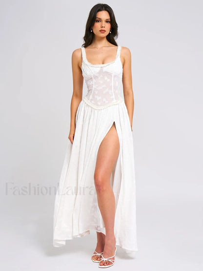 Ulissa White Square Neck Jacquard Trendy Textured High Slit Maxi Dress