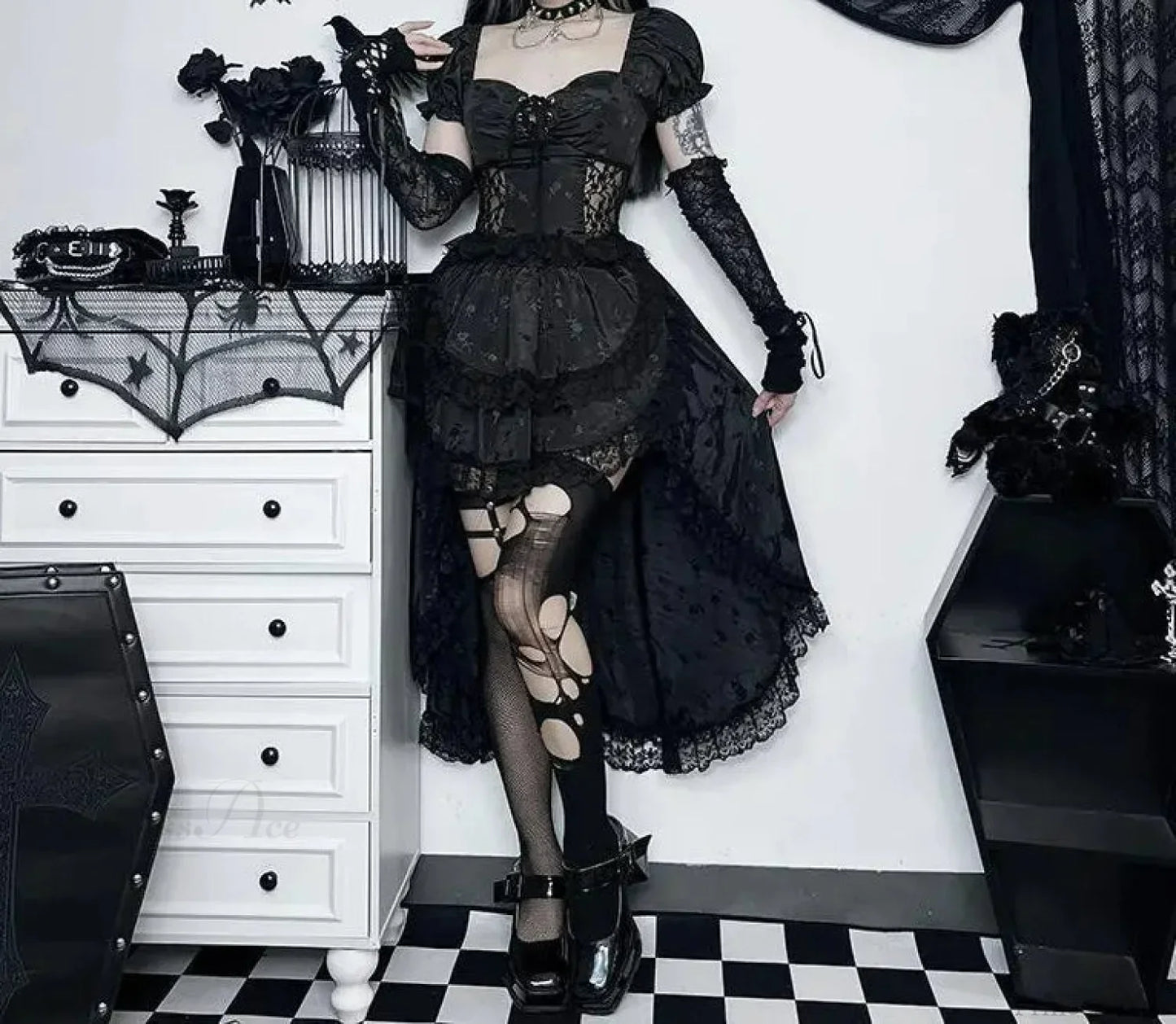 Uneven Folded Lace Black Midi Dress