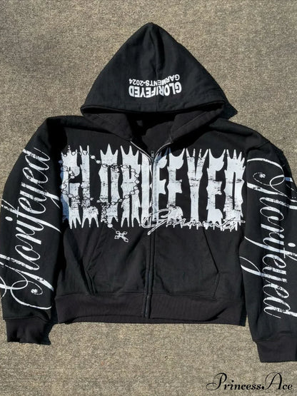 Unique Letter Print Retro Street Zip Hoodie