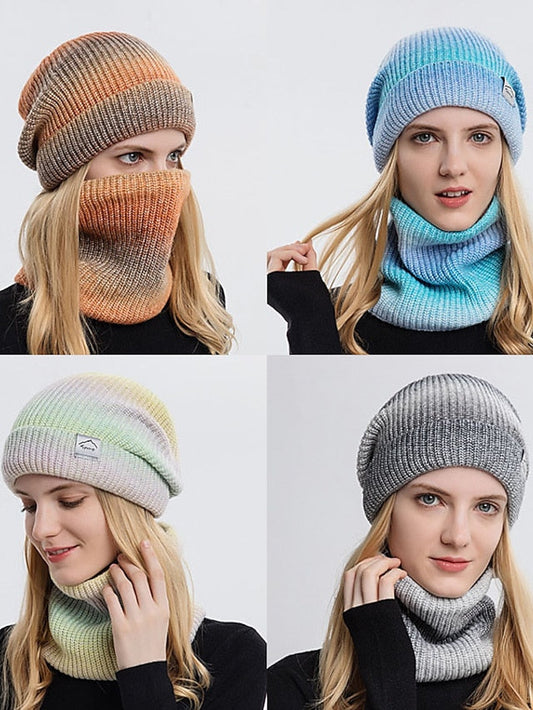 2pcs/set Winter Women Beanies Snood Sets Gradient Color Knitted Hat Warmer Fashion Outdoor Windproof Thicken Tie Dye Scarf Hat For Women for Women