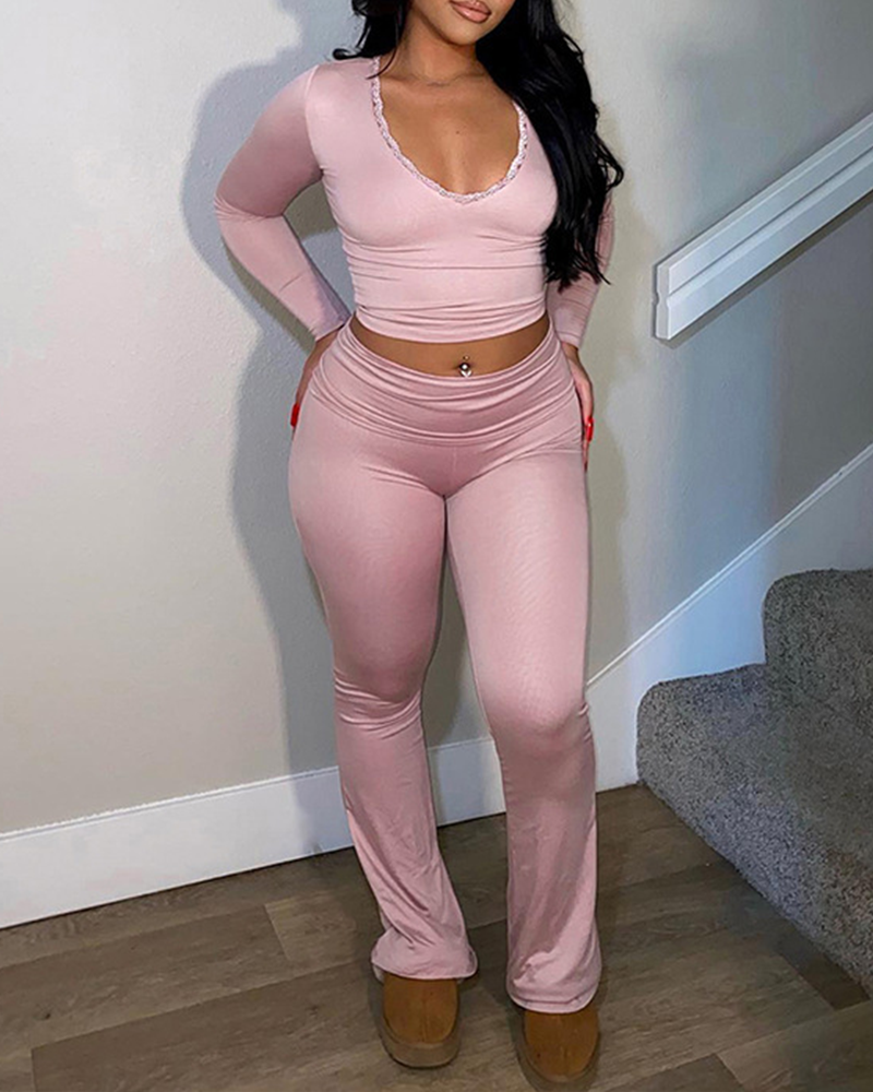 Lace V-Neck Top High-Waisted Trousers Set