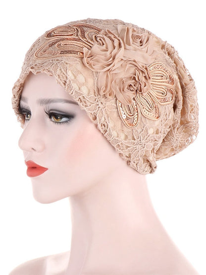 Lady Women Girl Hat Flower Hijab Lace Cotton Beanie Hat Full Headwear Warm Autumn Winter Lace Flower Casual Turban Cap for Women