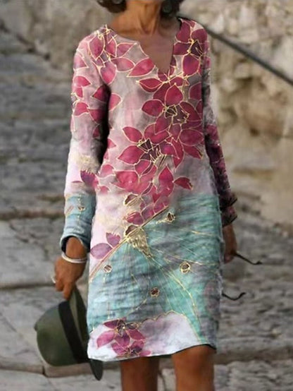 A Line Dress Knee Length Dress White Yellow Pink Long Sleeve Floral Print Winter Fall Autumn V Neck Casual Winter Dress Fall Dress  S M L XL XXL 3XL for Women